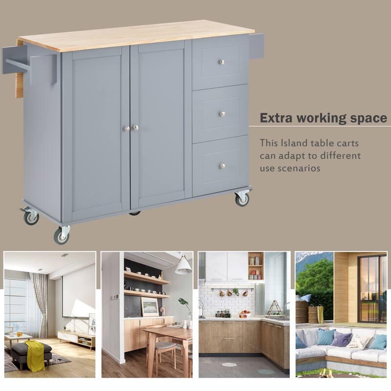 52.7" Rolling Kitchen Island with Solid Wood Top, Drop Leaf Breakfast Bar, Storage Cabinet, Wheels