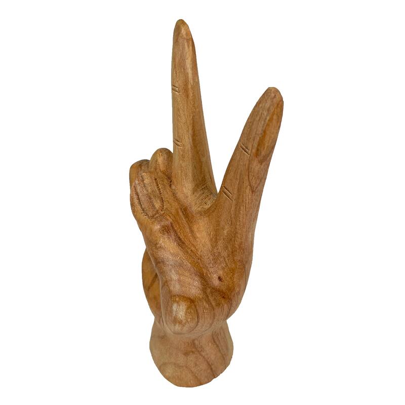 Zeckos Carved Wood Peace Sign Hand Gesture Statue - 7.75 X 3 X 2 inches