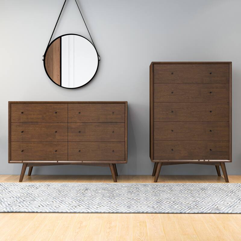 Nico Mid Century Modern 6-Drawer Double-Dresser Solid Wood - Walnut
