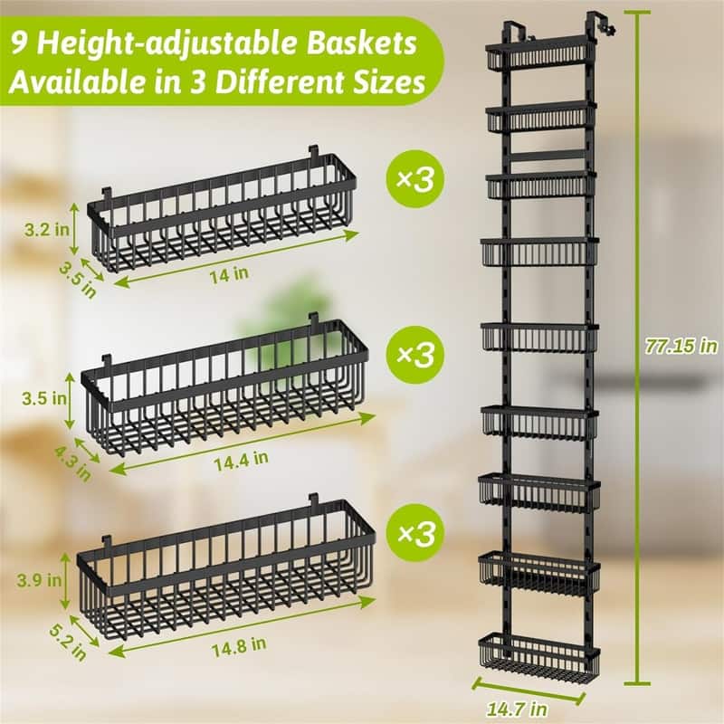 Over the Door Pantry Organizer 9 Tier Metal Narrow Door - 5.2"D x 14.8"W x 77"H
