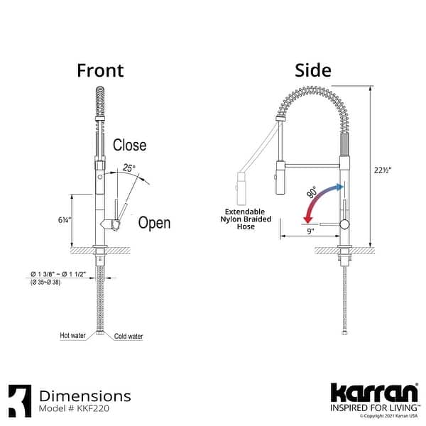 dimension image slide 0 of 2, Karran All in One Apron Front/Farmhouse Quartz 34-in Double Bowl 50/50 Sink in Black with Faucet KKF220 in Stainless Steel