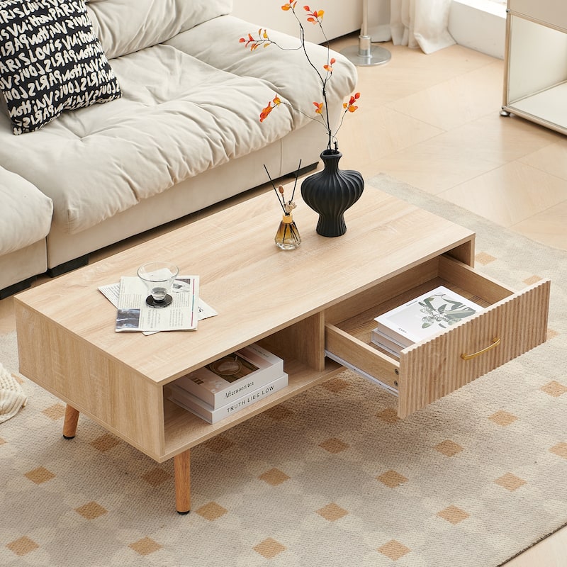 Rectangle Coffee Table with Solid Wood Legs, Sliding Drawer for Storage, Modern Table