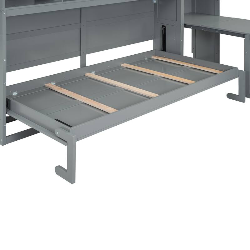 Twin Size Wood Murphy Bed with Desk, Foldable Wall Bed with Closet and Open Shelves, Hidden Cabinet Bed Frame with Drawers
