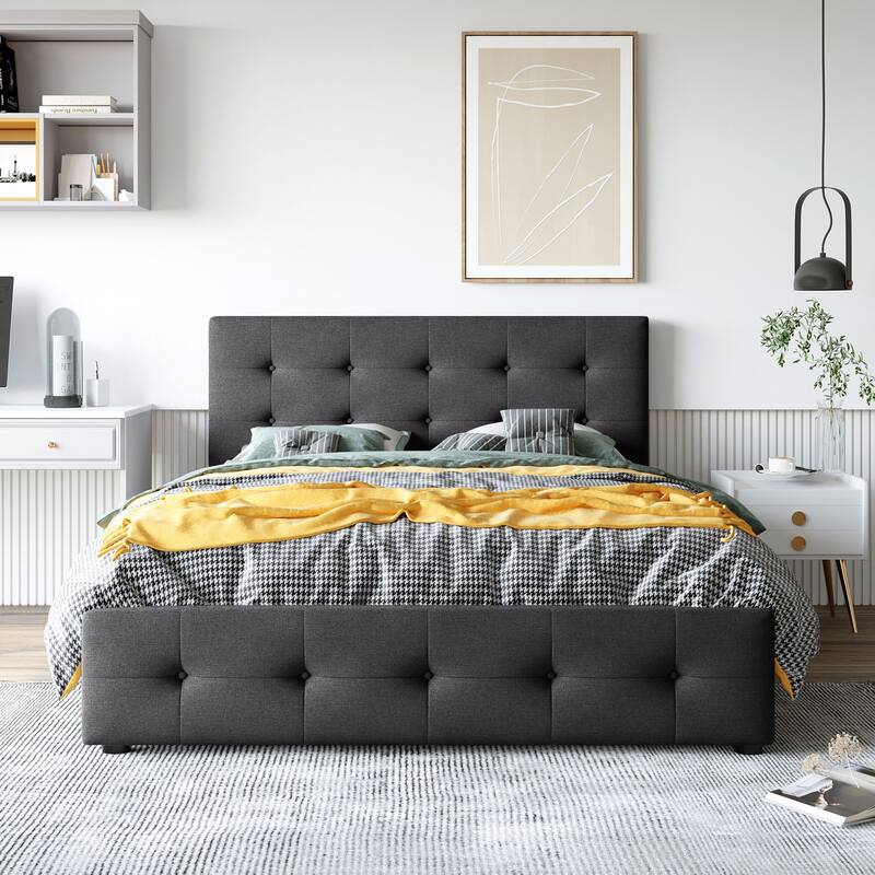Upholstered Platform Bed with Classic Headboard and 4 Drawers, No Box Spring Needed, Linen Fabric, Queen Size