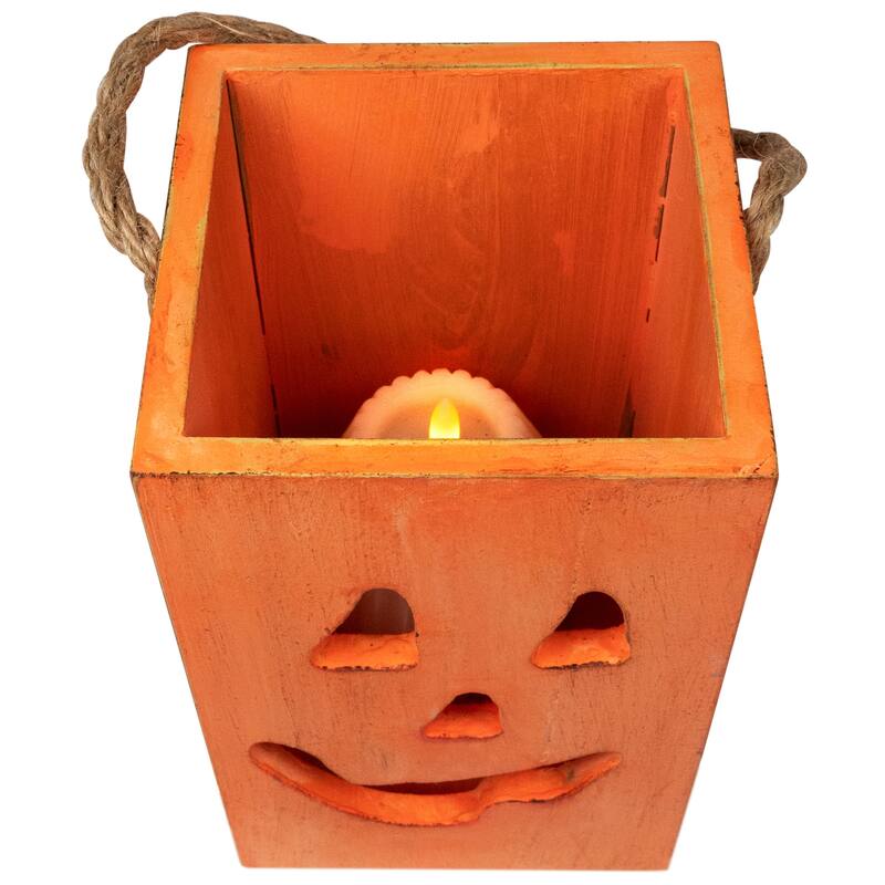 Large Orange Wood Jack O Lantern Halloween Candle Lantern - 8"