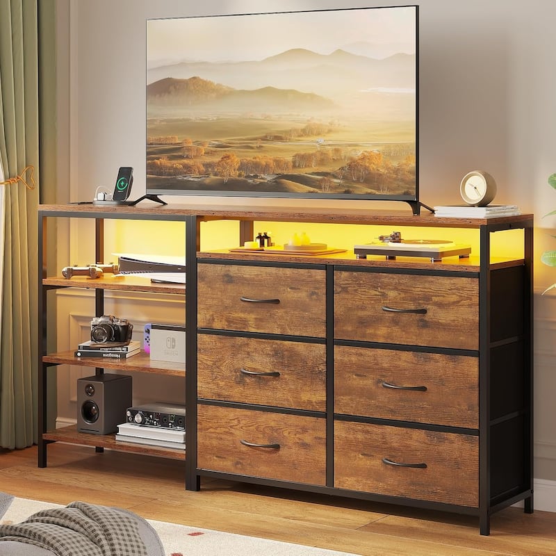 Dresser Bedroom 6 Drawers 3 Open Shelves L Shape Corner TV Stand - Rustic Brown