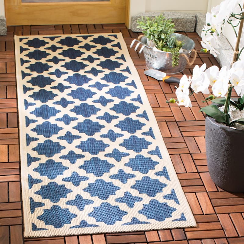 SAFAVIEH Courtyard Dorthey Indoor/ Outdoor Waterproof Patio Backyard Rug - 2'3" x 14' Runner - Navy/Beige