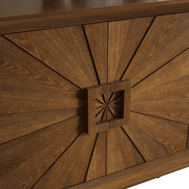 Roomfitters 60" Premium Farmhouse Credenza, Symmetrical Sunburst Door Design TV Stand with Adjustable Shelves, Antique Brown