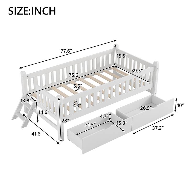 Twin Size Platform Bed for Kids with Partial Guardrail and 2 Pull-Out Storage Drawers, Low Profile Wooden Frame