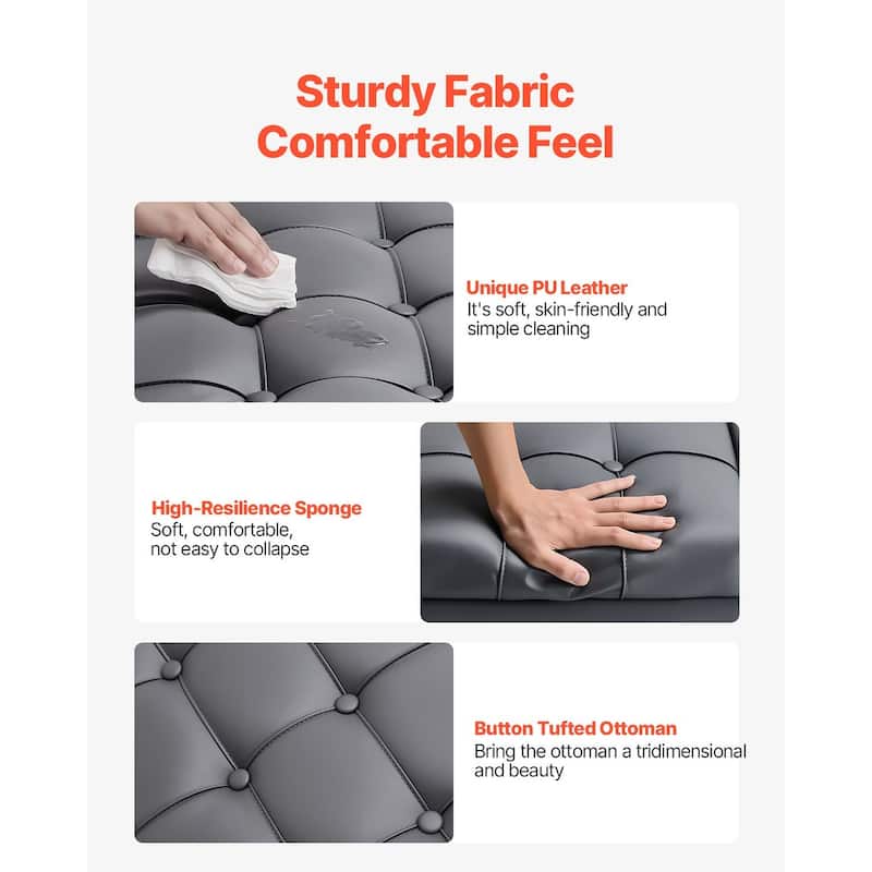 Tufted Lift Top Storage Ottoman Elegant Gray PU Leather with Hidden Compartment Child Safe Hinges
