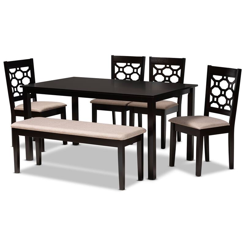 6-Piece Dining Set - Fabric Upholstered Chairs & Bench - Dark Brown Wood Table - Modern Dining Room Furniture