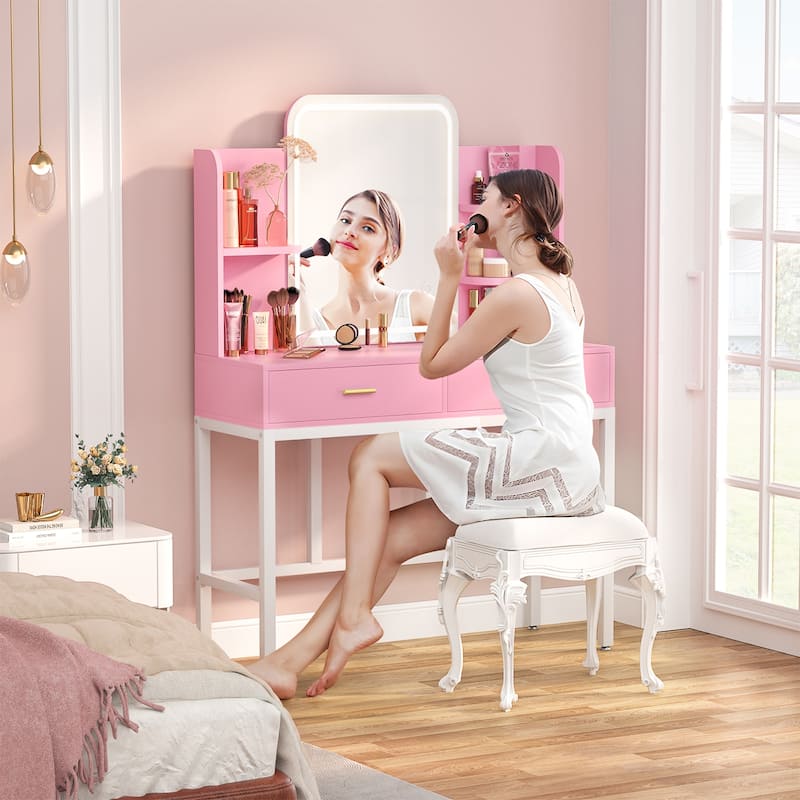 Vanity Table with LED Mirror, Kid's Makeup Vanity Desk with 2 Storage Drawers