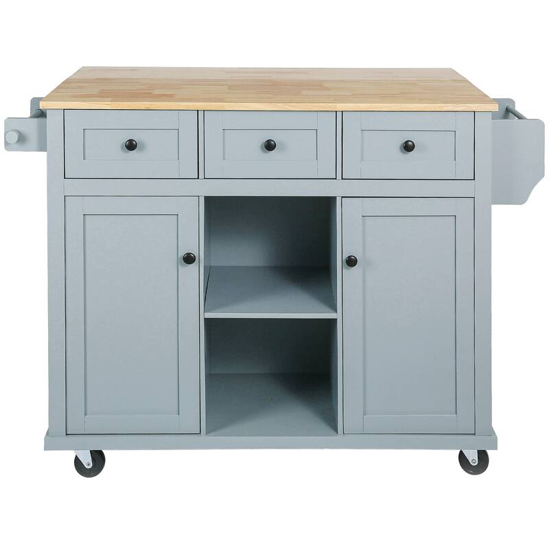 53.10 '' Rubberwood Kitchen Cart with Drop-Leaf, Adjustable Shelf, Rolling Wheels, and 3 Drawers - 53.1'' x 29.5'' x 37.2''