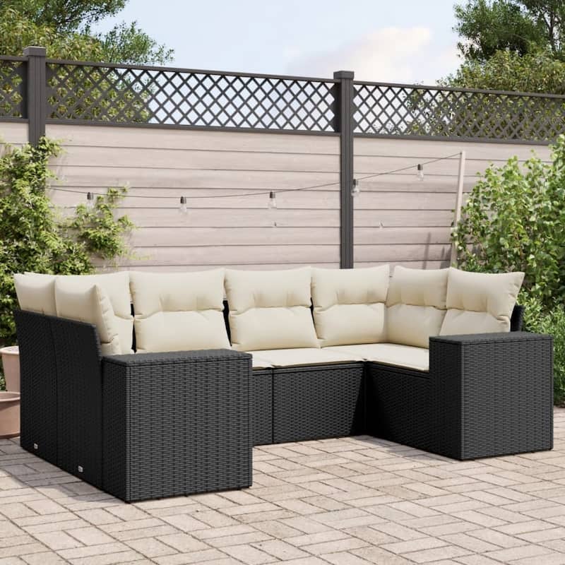 vidaXL Patio Sofa Set with Cushions Outdoor Furniture 6 Piece Poly Rattan - 24.4 x 32.7 x 27.2 in - Black and cream