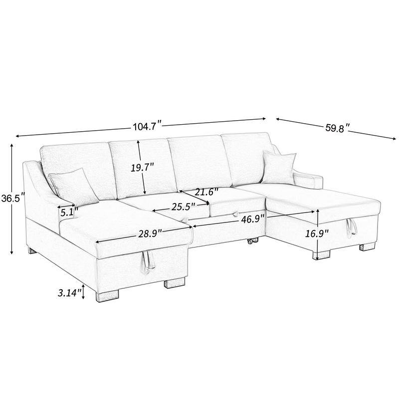UShape Sectional Sofa, Convertible Sleeper Sofa Bed with Extra Wide