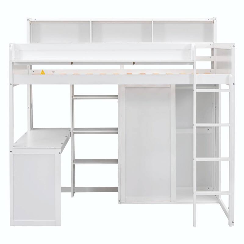 Wood Twin Size Loft Bed with Storage Shelves and Wardrobe
