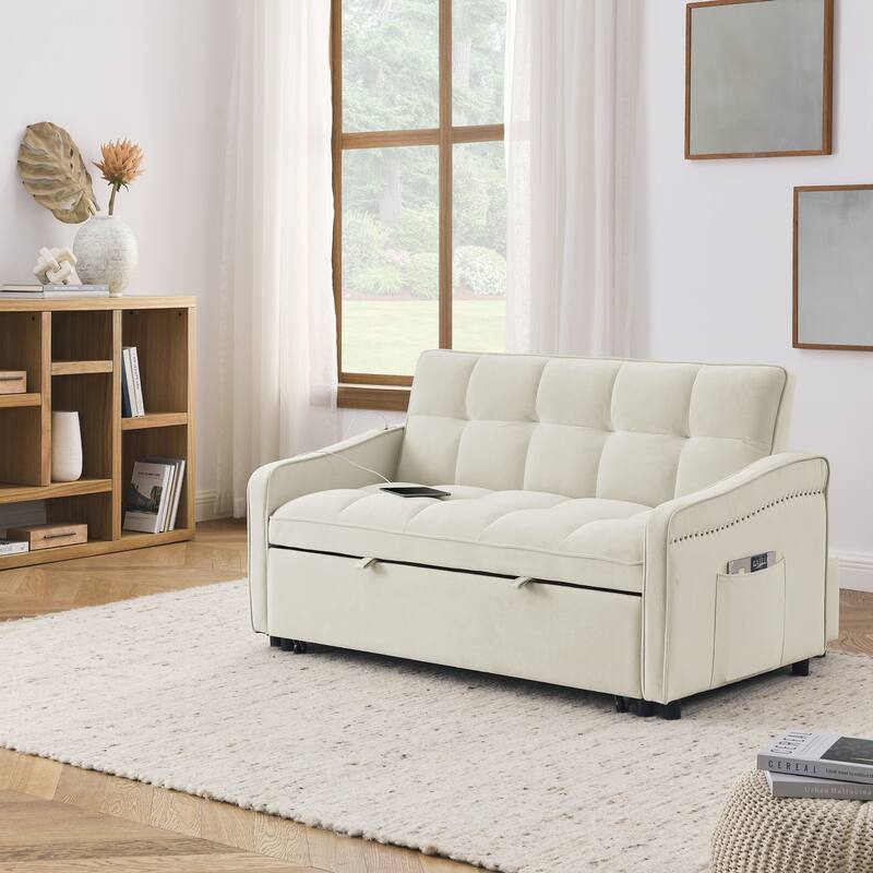 Loveseats Sofa Bed with Pull-out Bed,Adjsutable Back and Two Arm Pocket - Beige