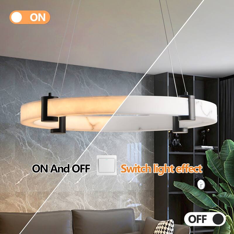 Modern LED Pendant Light, 24-Inch Round Hanging Chandelier, Marble Finish Resin Ring Ceiling Light for Living Room