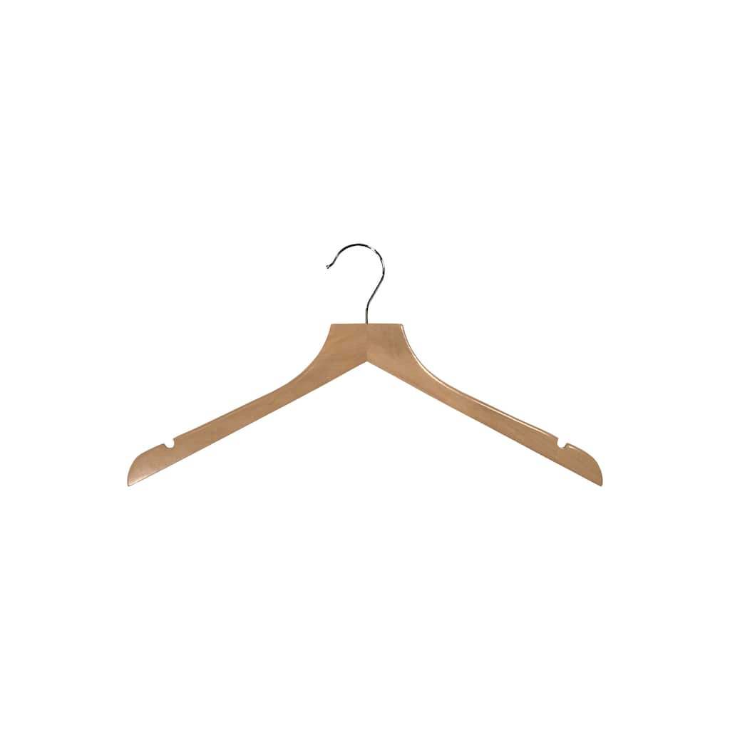 Natural Wooden Top Hanger with Notches 17" Length x 7/16" Thick, Chrome Hook Box of 25