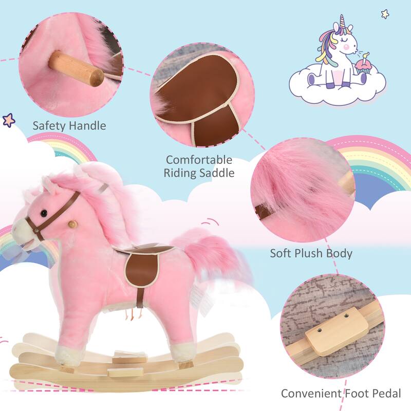 Plush Wooden Kids Rocking Horse with Padded Seat and Handles