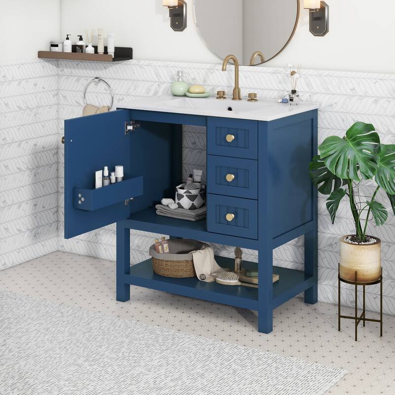 30'' Transitional Style Bathroom Vanity Combo with Ceramic Sink, Bathroom Vanity Cabinet with 1 Soft Close Door and 2 Drawers