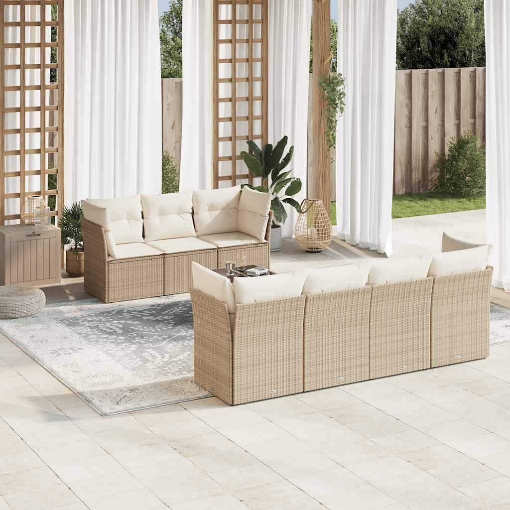 vidaXL Garden Sofa Set Beige PE rattan, steel, tempered glass, polyester - 21.7 x 21.7 x 14.6