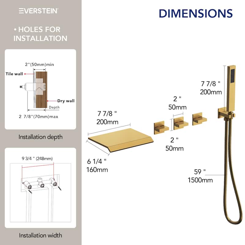 Waterfall Tub Faucet with Rough-in Valve,Wall Mounted Tub Spout with Handheld Shower