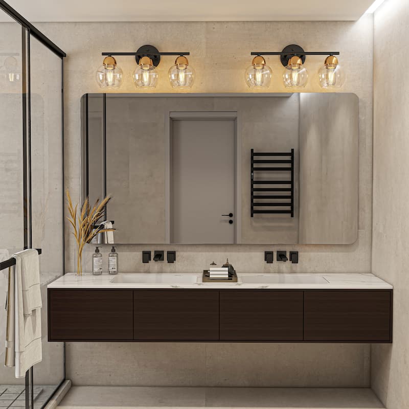 3-Light Metal Bathroom Vanity Lights Glass Shade Wall Sconces - Brushed Gold