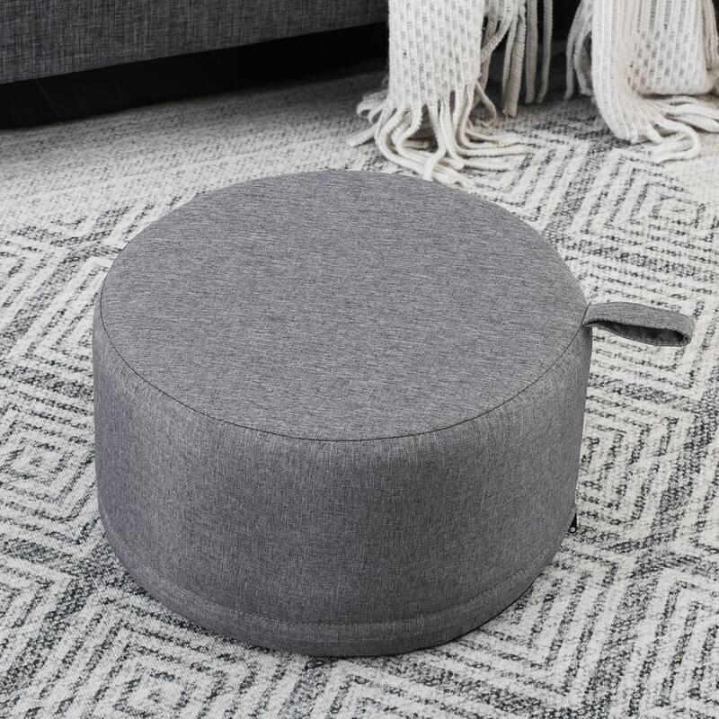 Adeco Linen Round Ottoman Footrest with Handle - Grey