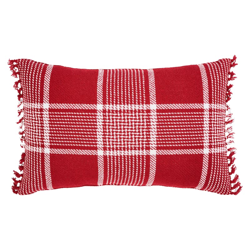 Eston Red White Plaid Pillow Fringed 14x22