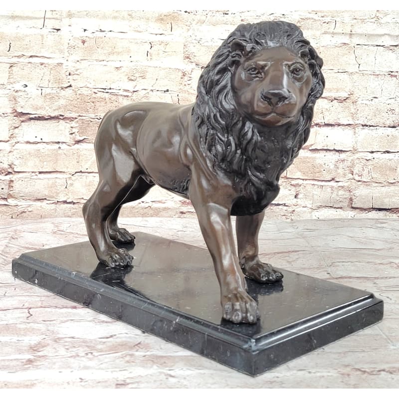 J. Moigniez Bronze Guardian Lion Statue Sculpture Figure On Marble Base 11 Inches X 14 Inches