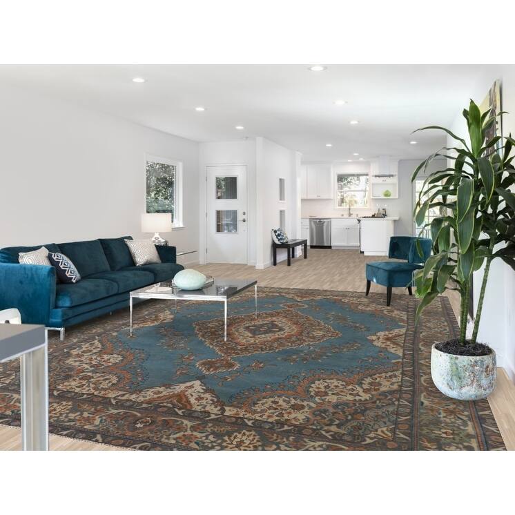 Over Dyed Tabriz Persian Vintage Rug Handmade Blue Wool Carpet - 9'10"x 12'11"