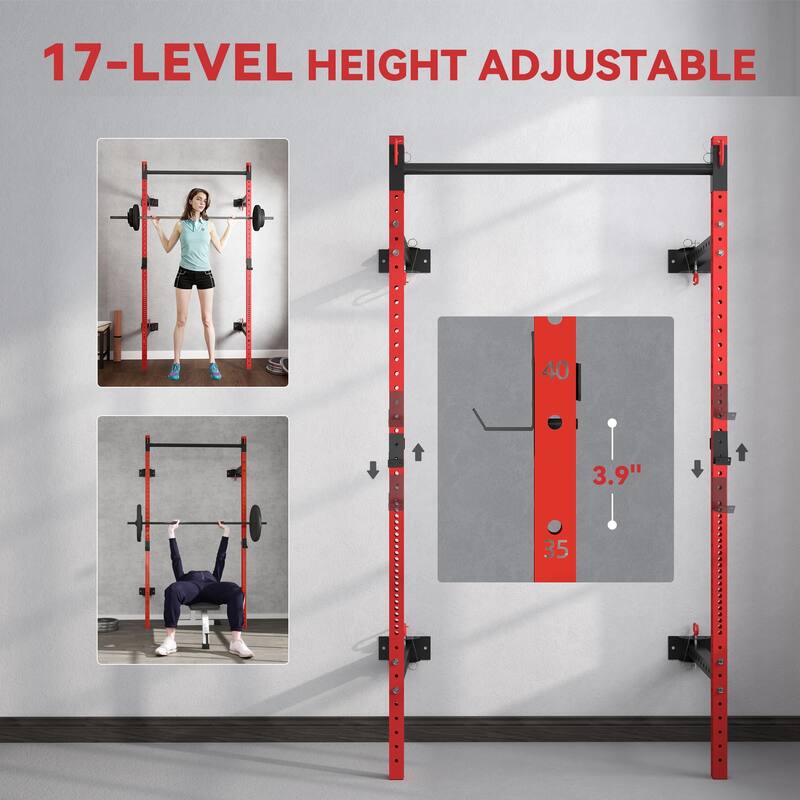 Heavy-Duty Wall-Mounted Squat Rack, 17 Height Levels & Pull-Up Bar - 48" L x 23.6" W x 89.8" H
