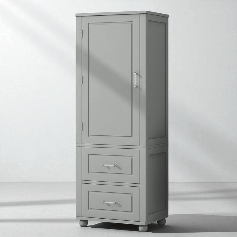 61.4" Tall Freestanding Storage Cabinet with 2 Drawers, Adjustable Shelf, MDF Board, Painted Finish - Grey
