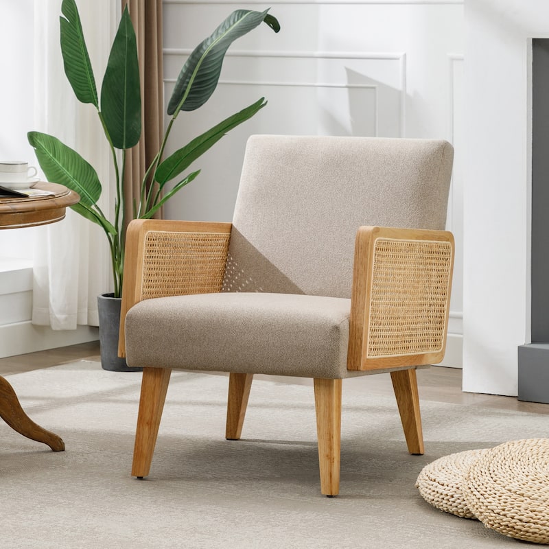 Rattan Armrest Fabric Upholstered Accent Chair