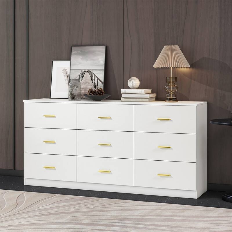 Modern Minimalist 9-Drawer Dressing Table, Entryway Table with Gold Handles and Waterproof Design, for Bedroom