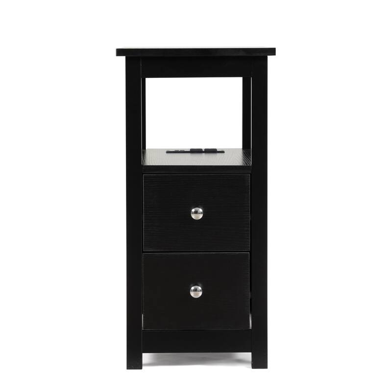 End Table with Charging Station, Narrow Sofa Side Table, Laundry Room Storage Wooden Nightstand Bedroom Furniture, White