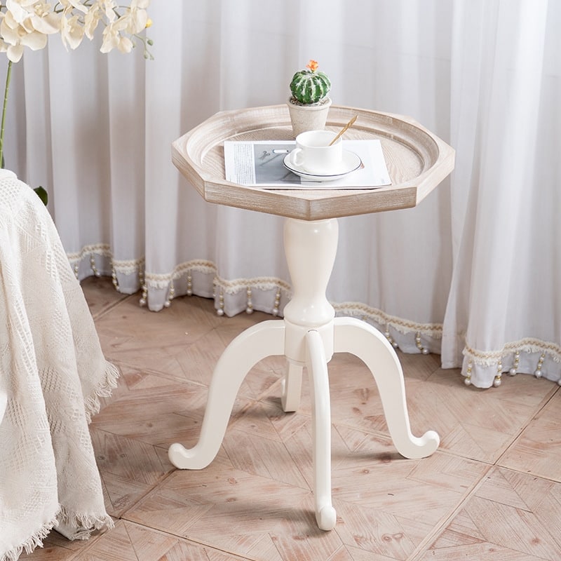 24.6" Rustic Farmhouse Solid Wood Octagonal Tray Top End Table - 24.6" x 18.1" x 18.1" - 24.6" x 18.1" x 18.1" - White & Natural - MDF