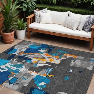 9' X 12' Charcoal Copper And Teal Blue Abstract Washable Indoor Outdoor ...