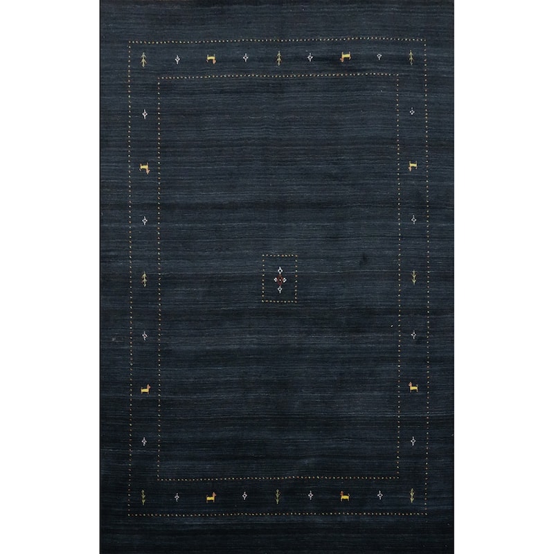 Hand Knotted Oriental 100% Wool Carpet Tribal Animal Pictorial Navy Blue & Blues Gabbeh Area Rug - 8' 0'' X 6' 0''