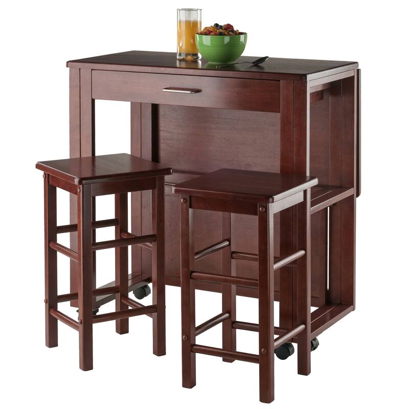 3 Piece Compact Kitchen Table Set with Storage Drawer and Rolling Casters - 30.63 x 31.57 x 31.73 inches