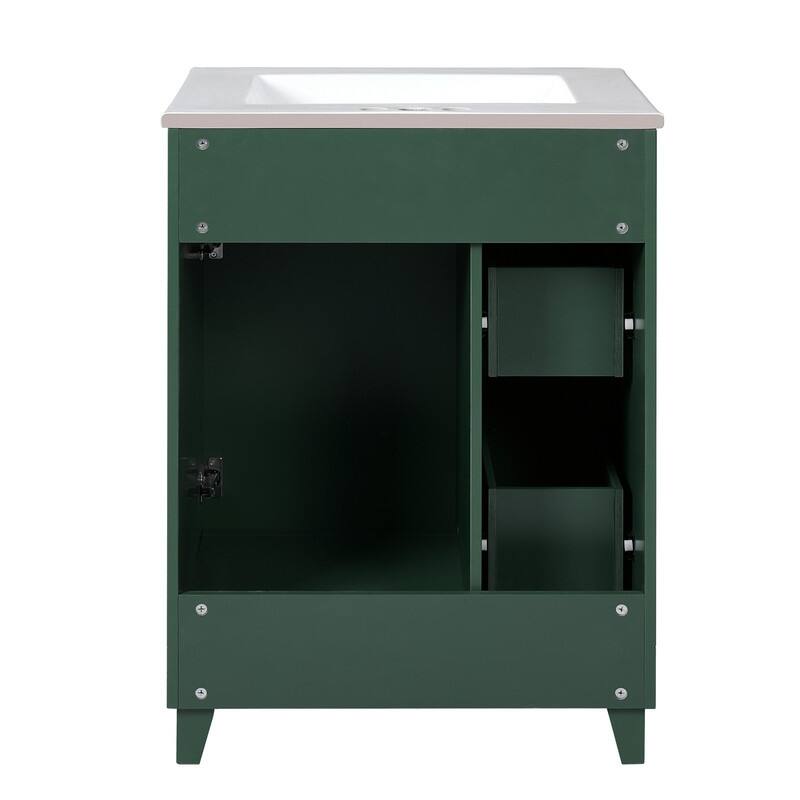 24'' Bathroom Vanity with Ceramic Sink Top, Freestanding Bathroom Vanity Cabinet with 1 Soft Close Door and 2 Storage Drawers