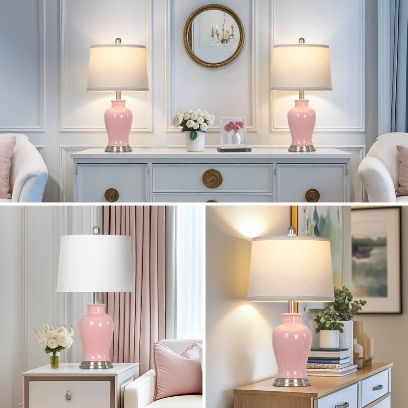 23-Inch Ceramic Ginger Jar Table Lamp with White Fabric Shade and LED Bulb