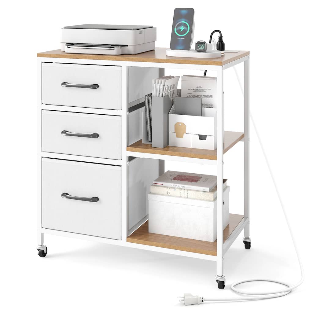 Gymax 3 Drawer Mobile File Cabinet w/Charging Station Open Storage