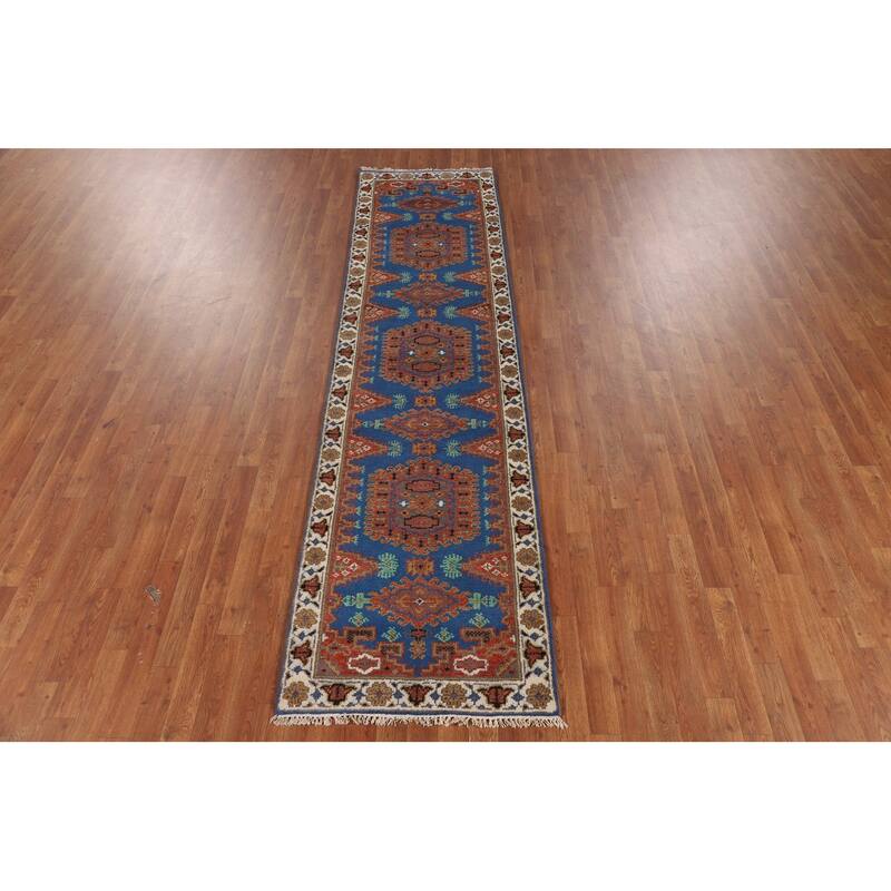 Blue Geometric Viss Indian Runner Rug Handmade Wool Carpet - 2'7"x 10'1"