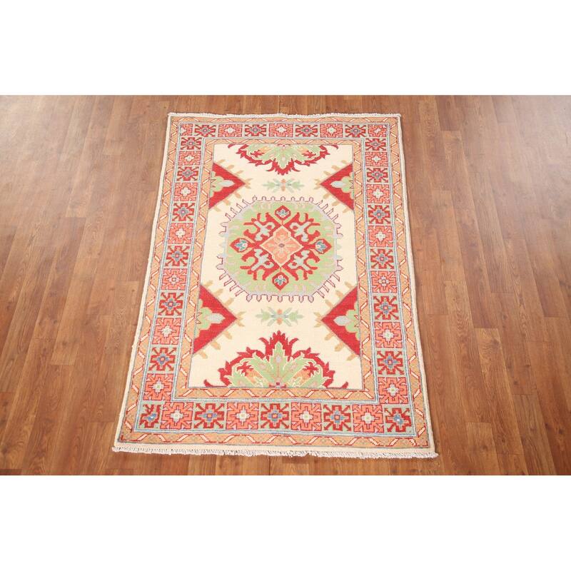 Geometric Kazak Oriental Accent Rug Handmade Wool Carpet - 3'4"x 5'0"