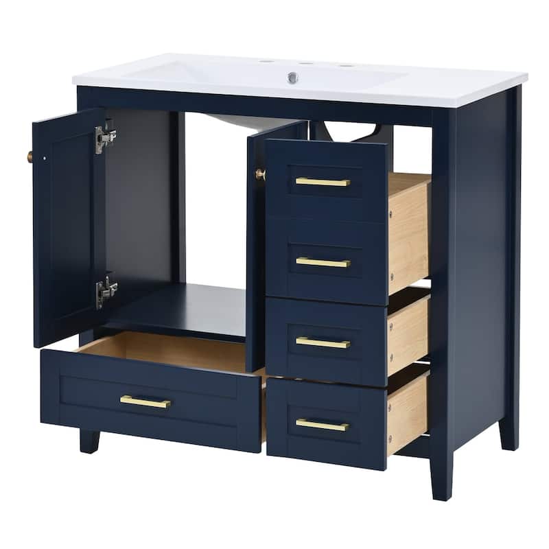36 inch MDF Freestanding Bathroom Vanity Set in Blue with Integrated Resin Sink - 36'' x 18'' x 34''