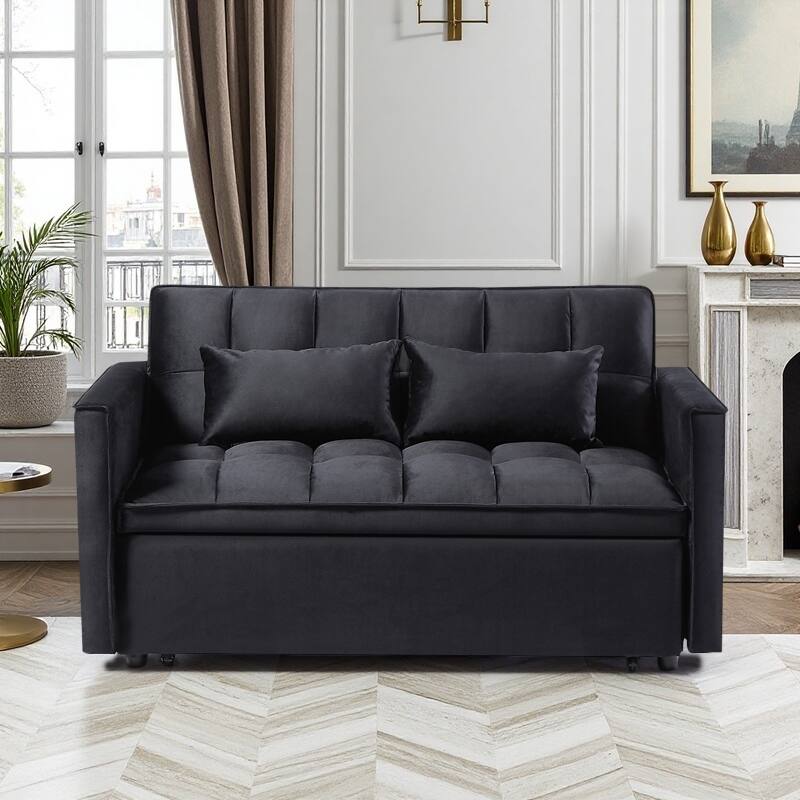 54” Velvet Pull-out Sleeper Sofa Bed,with 3 Adjusting Reclining Back & Storage - Solid Wood Frame,Twin Size-54” x 35.5” x 30”H