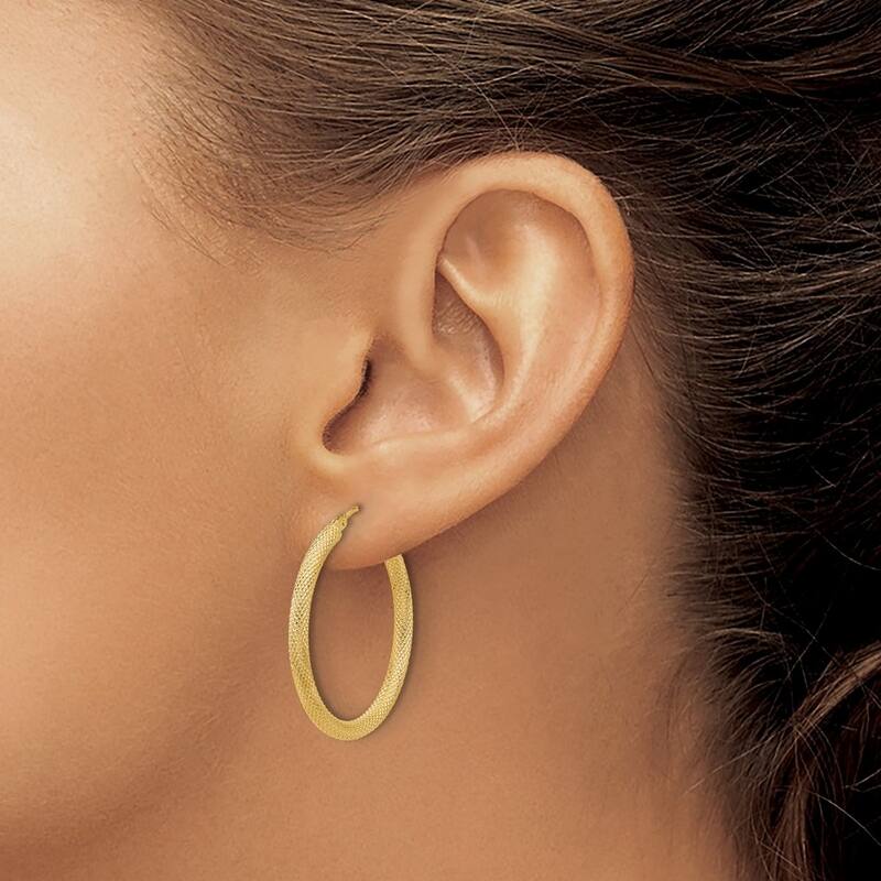 Curata 14k Yellow Gold Polished and Textured Round Hoop Earrings - 30.1x29.65mm