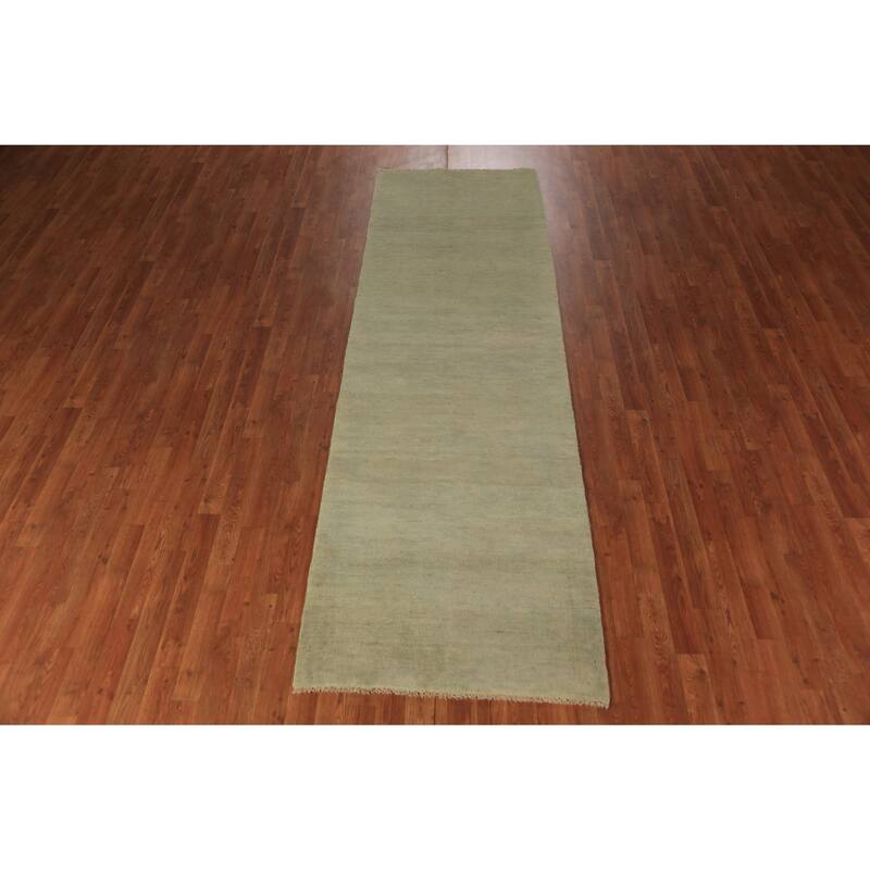 Light Green Modern Gabbeh Runner Rug Handmade Wool Carpet - 3'0" x 9'10"